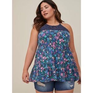 Torrid Tank Top Blue High Neck Tiered Crochet Floral Sleeveless